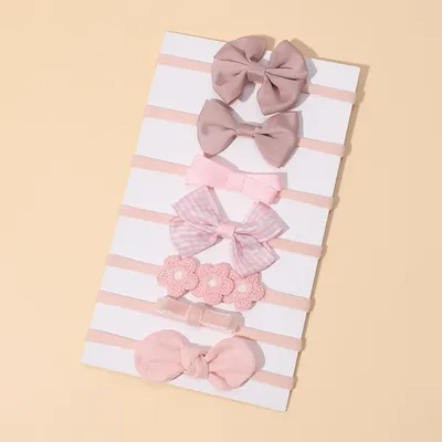 7Pcs/Set Pink Series Baby Headband Ribbon Bow Princess Nylon Hair Bands for Kids Girls Elastic