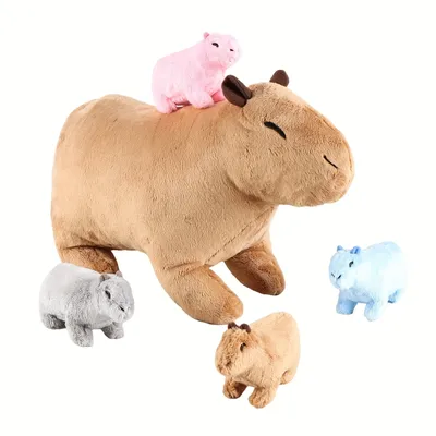 Kawaii Simulation Capybara Stuffed Animal-13.38'' Mommy Stuffed Capybara with 4 Baby Stuffed Animals