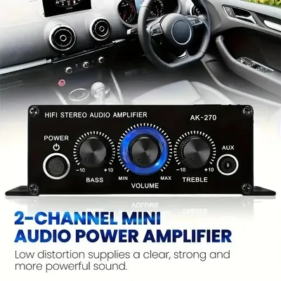 AK270 12V Mini Audio Amplifiers for Car Digital Sound Amplifier for Home Car Channel 2.0 Power AMP Support Treble Bass AUX input