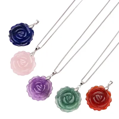 Natural Gemstone Carved Rose Flower Stone Pendant Amethyst Healing Crystal Necklace DIY Jewelry Bead