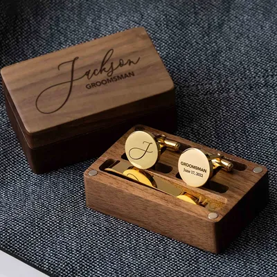 Custom Metal Cufflinks Tie Clip & Rectangle Gift Box Engraved Gift for Dad and Groomsmen