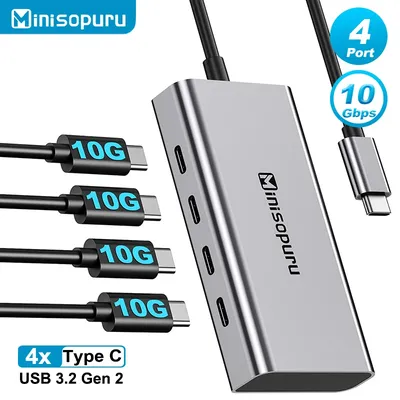 Minisopuru USB C Hub 10Gbps 4 Port USB C to USB C Splitter for Data Transfer Only Multiport Adapter