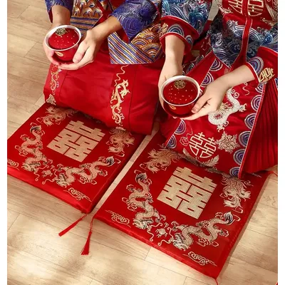 2xChinese Vietnamese Wedding Tea Ceremony Red Double Happiness Dragon Phoenix Kneeling Cushion Pad
