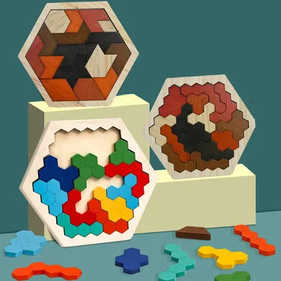 Wooden Hexagon Puzzle For Kid And Adults,Block Tangram Brain Teaser Toy Geometry Logic IQ Game