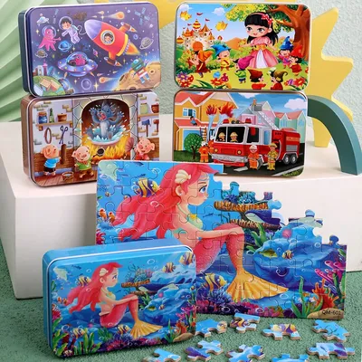 60pcs Jigsaw Cartoon Puzzle With Metal Box, Children's Early Education Animal Vehicle Puzzle, Parent-Child Interaction Game