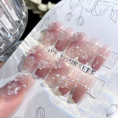 24Pcs Mid-Length Fake Nails 3D Flower Pearl Designs Nude Pink Color Press on Nails Ballerina False Nails for Women DIY Manicure