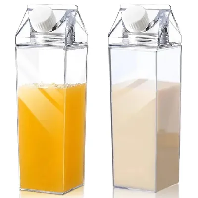 2pcs Milk Carton Water Bottle Transparent Plastic Square Milk Orange Juice Tea Container Box Sport Cup for Sports Travel Camping