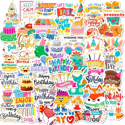 50PCS Happy Birthday Stickers Birthday Party Stickers Candy Cake Stickers Colorful Waterproof Vinyl