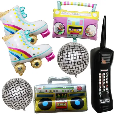 1 set 80s 90s Radio Roller Skates Foil Helium Balloons 4D Disco Ball Telephone Balloon Retro Theme