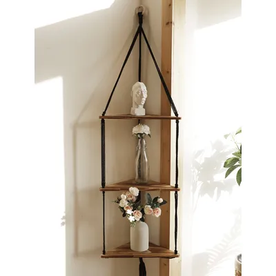 Wooden Corner Shelf Wall Decor Pot Storage Display Stand Macrame Floating Shelf Wall Organizer Boho Room Nordic Home Decoration