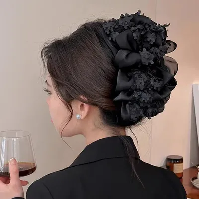 Elegance Temperament Large Claw Clip Multilayer Bow Black Fabric Ribbon Claw Jaw Clips Ponytail