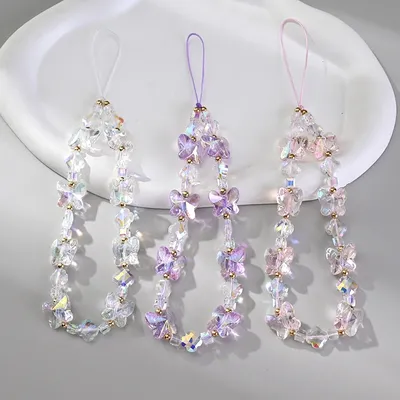 Women Girl Acrylic Mobile Phone Chain Transparent Sweet Butterfly Telephone Hanging Cord Anti-Drop
