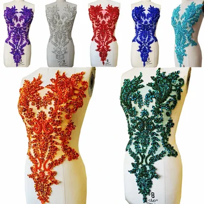 Handmade rhinestones lace applique handsewing beads sequins trimming patches for dress clothing