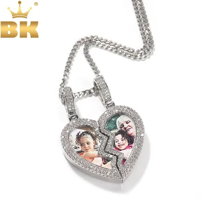 TBTK Magnet Broken Heart Photo Frame Pendant Two Pictures Iced Out Cubic Zirconia Hiphop Jewelry