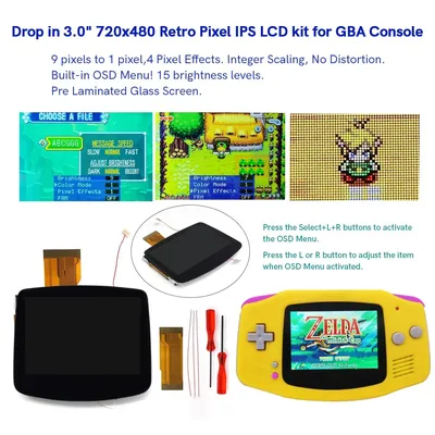 For GBA Drop in 720x480 Retro Pixel V5 Pre-laminated High Brightness OSD For Gameboy advance w/NEW