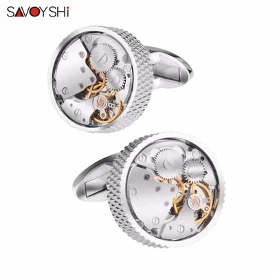 SAVOYSHI Mechanical Watch Movement Cufflinks for Mens Shirt Cuff button High Quality Silver color