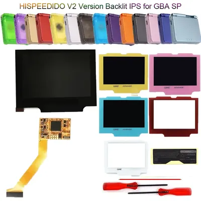 HISPEEDIDO V2 GBA SP Screen Replacement Kits For Gameboy Advance SP High Brightness IPS LCD Housing Shell Cases Yellow/Red Lens