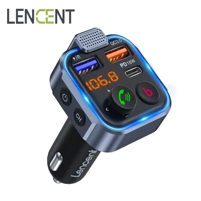 LENCENT FM Transmitter Wireless Bluetooth 5.0 Handsfree Car Kit Audio MP3 Player With Type-C PD 20W+