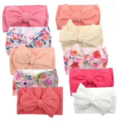 10Pcs/Lot Solid Bullet Fabric Baby Turban Headbands Flower Dot Print Hair Bands Big Bowknot