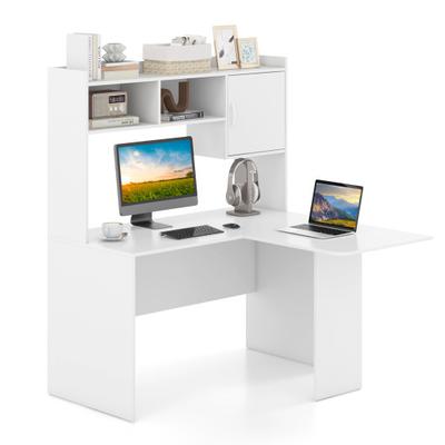 Costway L-Shaped Desk Corner Computer Desk with Open Storage Hutch and Cabinet-White