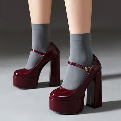 Women's Burgundy Patent Leather Platform Mary Jane Heels - Chunky High Block Heels with Adjustable Strap for Party or Fashion Events