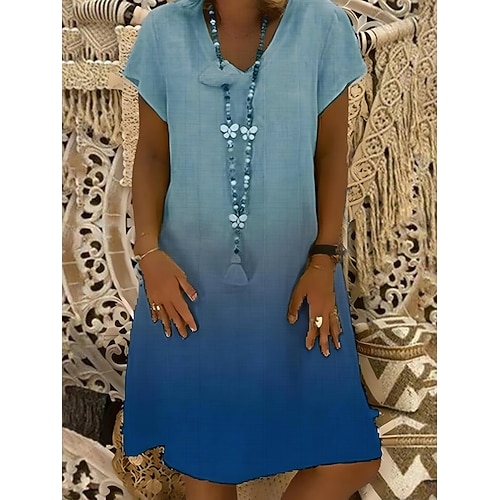 Damen Midikleid Kunstbaumwollleinen Shiftkleid Freizeitkleid T-Shirt-Kleid Lässig Täglich Urlaub Normale Passform Ombre Kurzarm V Ausschnitt Schwarz Gelb Rote Marineblau Sommer Image
