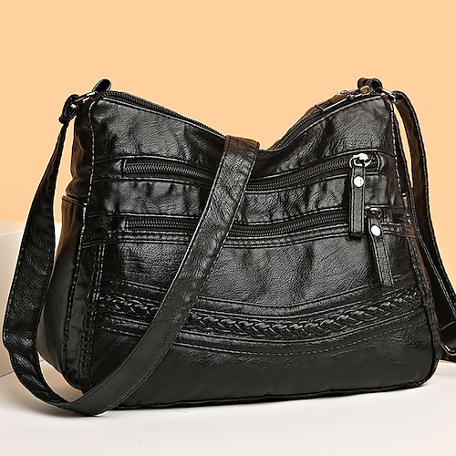 braune Umhängetasche aus Kunstleder für Damen – lässige Handtasche mit mehreren Reißverschlüssen, verstellbarem Riemen und geflochtenem Akzent, perfekt für den Alltag und auf Reisen