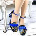 Damen Sandalen Vintage Schuhe Handgefertigte Schuhe Vintage-Schuhe Hochzeit Party Blumen Schleife Blockabsatz Fantasy Heel Runde Zehe Elegant Vintage Premium-Leder Schnalle Blau Grün