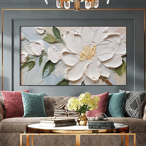 handgemaltes abstraktes Texturblumen-Ölgemälde auf Leinwand, großes handgemachtes Wandbild, minimalistisches grünes Blumenkunst-Ölgemälde, individuelles Gemälde, Boho-Wanddekor, Wohnzimmer Image