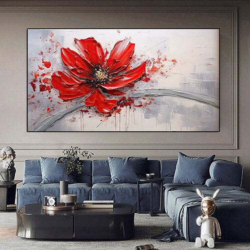 großes handgemaltes Blumenölgemälde auf Leinwand, goldrotes Blumengemälde, Wanddekor, abstraktes Texturblumengemälde, individuelles Blumenbaumgemälde, moderne Wohnzimmerdekoration Image