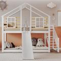 Lit superposé, lit superposé enfant, lit cabane enfant avec toboggan et escalier, bois massif, 90 x