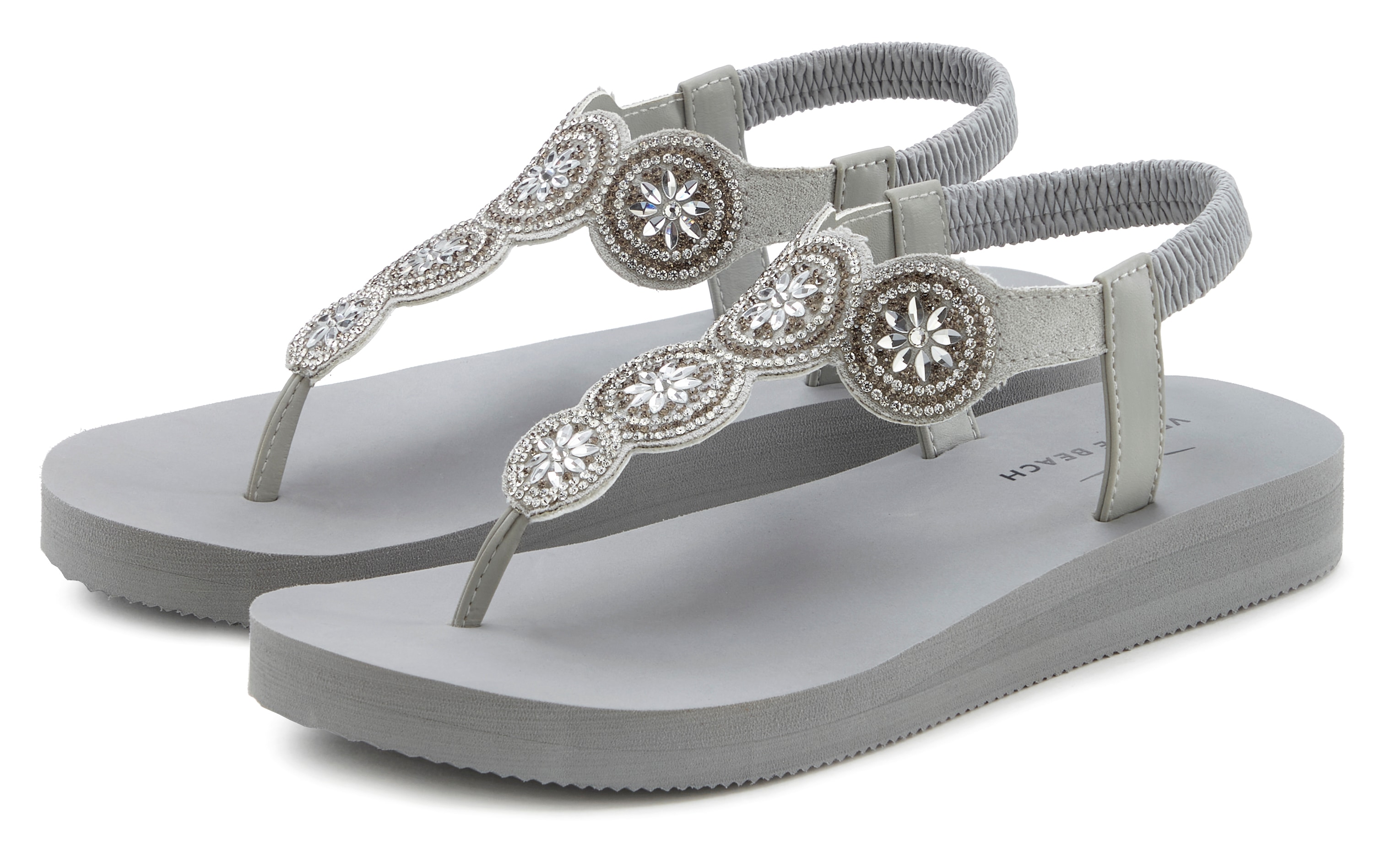 Badezehentrenner VENICE BEACH "Sandale, Badeschuh, Pantolette, Badelatsche, Flip Flop", Damen, Gr. 39, grau, Obermaterial: 100% Lederimitat. Decksohle: 100% Synthetik. Futter: 100% Lederimitat. Laufsohle: 100% Synthetik, Glitzer, unifarben, Schuhe...