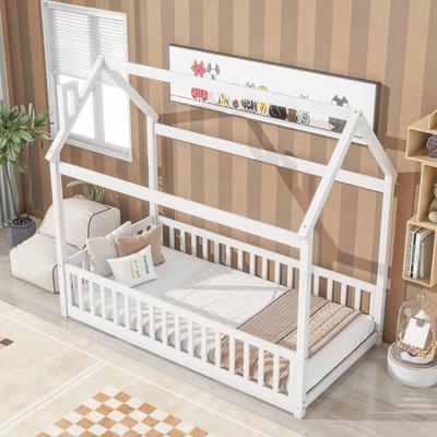 Twin House Bed with Guardrails, Slats