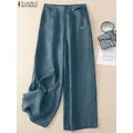 ZANZEA-Pantalon de travail à jambes larges pour femmes taille élastique monochromatique long