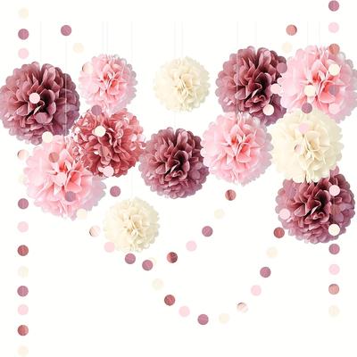15pcs, Dusty Rose Blush Pink Tissue Pom Poms Flowers For Wedding, Bridal Shower, Baby Shower, Sweet Birthday, Engagement, Bachelorettes, Valentine Decorations, Pink Party Decorations