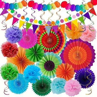 33pcs, Fiesta Mexican Party Decoration Fiesta Paper Fans Pom Poms Triangle Bunting Banner For Fiesta Mexican Cinco De Mayo Birthday Party Supplies