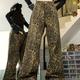Leopard Print Chic Baggy Jeans, Loose Fit Non-stretch Wide Legs Jeans, Women's Denim Jeans & Clothing