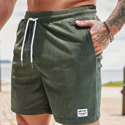 TEMU Mens Corduroy Casual Shorts With Drawstring Waist & Side Pockets - Solid Color Regular Fit Summer Shorts For Daily , , Versatile Styling, Image