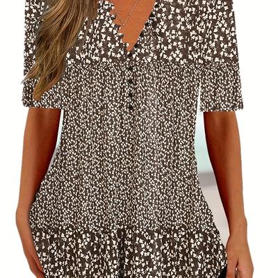 TEMU Floral Print Button Front T-shirt, Casual Short Sleeve T-shirt For , Women's Clothing Image