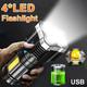 Powerful 4 Led Flashlight With Cob Side Light, 4 Modes Usb Rechargeable Flash Light, Waterproof, Abs Torch,, Camping Tool