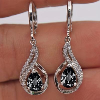 TEMU Elegant Luxury Copper Ring Ear Studs, Synthetic Zirconia Mosaic, Drop Shape, Nickel Free Plating, For Daily Occasion, Party Image