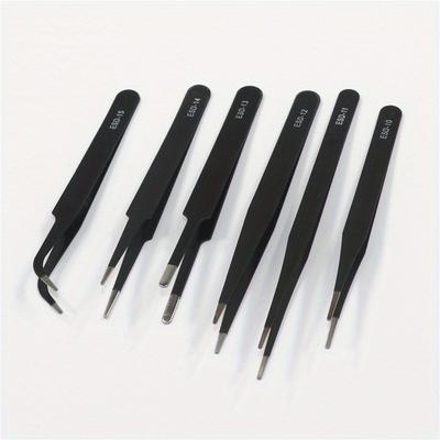 TEMU 6pcs Esd Anti-static Stainless Steel Tweezers - Precision Maintenance & Industrial Repair Curved Tools For Home Working & Model Making Image