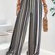 Plus Size Casual Pants, Women's Plus Stripe Print Straight Wide Leg Drawstring Elastic Waist Pants