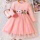 Girls Unique Flowers Embroidered Belt Splicing Mesh Long Sleeve Tutu Dress For Sping Fall