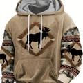 Plus Size Men's Stylish Loose Deer Pattern Hoodie With Pockets, Casual Breathable Long Sleeve Hooded Sweatshirt For City Walk Street Hanging Outdoor Activities, Men's Clothing