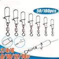 50pcs/100pcs Durable Stainless Steel Barrel Swivels With Duo Lock Snaps For High Strength Fishing Gear