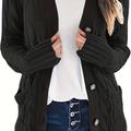 Plus Size Casual Cardigan, Women's Plus Cable Knit Long Sleeve Button Up High Stretch Cardigan With Pockets