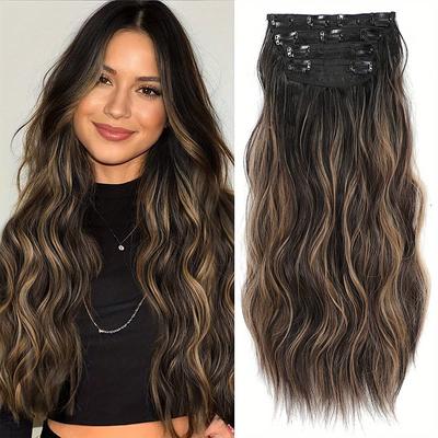 TEMU 4pcs 20 Inch Long Body Wave Synthetic Clip In Hair Extensions Double Weft Synthetic Hairpieces For Women Hair Clips Hair Accessories Image