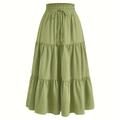 Solid Tie Waist Tiered Skirt, Casual Elastic Waist Skirt For Spring & Fall, Women's Clothing