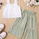 2pcs Toddler Girls Sleeveless Flower Embroidery Lace Crop Top & Cropped Wide Leg Pants Set Kids Summer Clothes